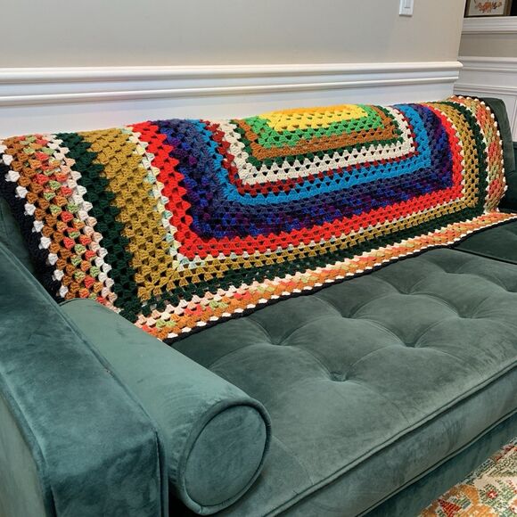 Vintage Hand Crocheted Afghan 64” x57" Rainbow Colors Square Within Squares Boho - Picture 1 of 7